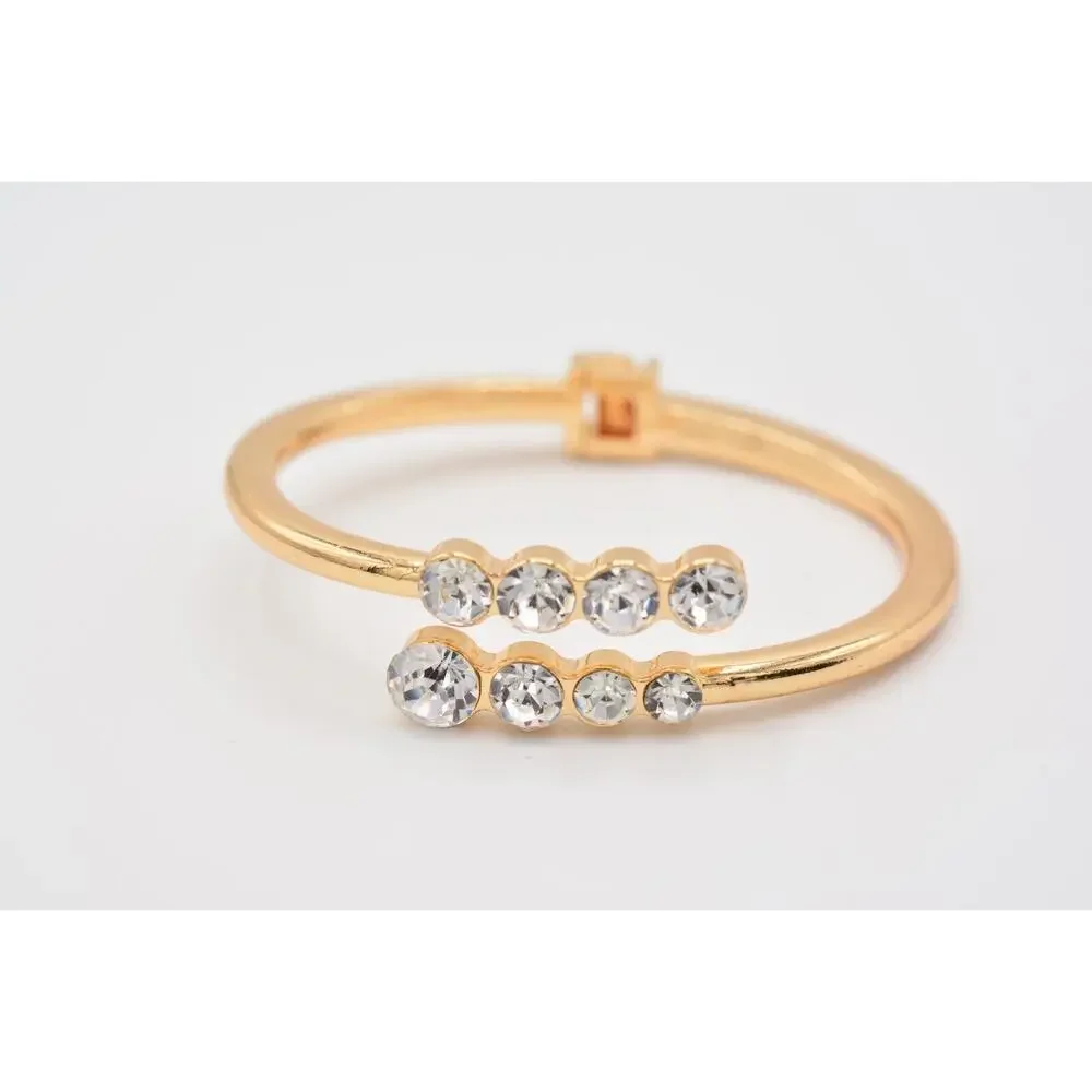 Hinged Bangle Bracelet Shiny Rhinestone Crystal Sparkling Gold Tone Bin8